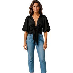 DELFI Collective Blouse Top V-Neck Tie Black Women's Large
